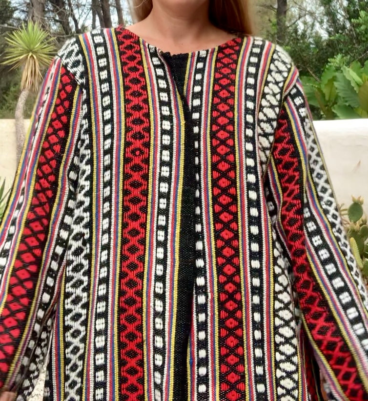 Hand woven Moroccan up-cycled blanket jacket made by Vagabond Ibiza with black white and red striped design