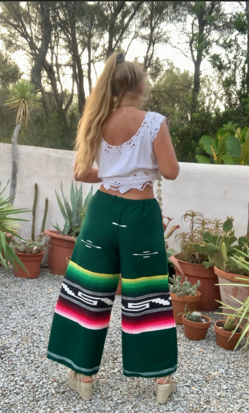Vintage Mexican textiles up-cycled wide leg pants in green with pink tones made by Vagabond Ibiza