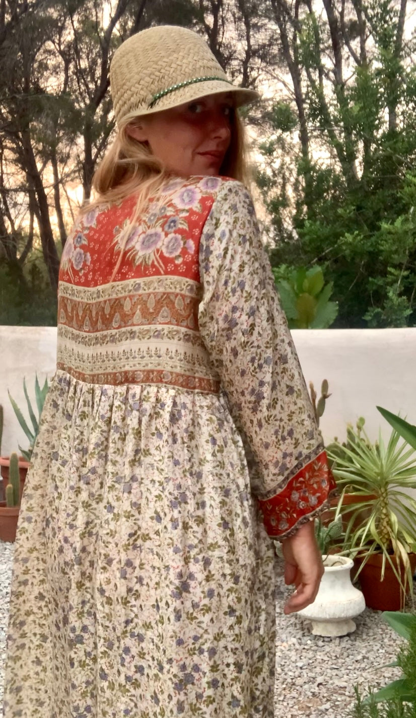 Vintage Indian sari dress cream with blue and orange floral print up-cycled by Vagabond Ibiza