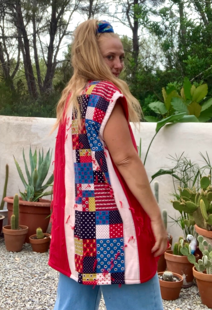 Patchwork cotton quilted blanket waistcoat jacket up-cycled by Vagabond Ibiza with red and blue design