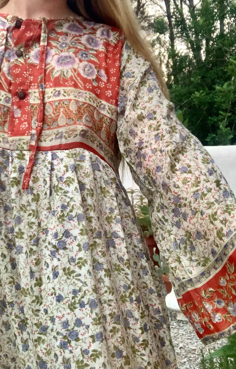 Vintage Indian sari dress cream with blue and orange floral print up-cycled by Vagabond Ibiza