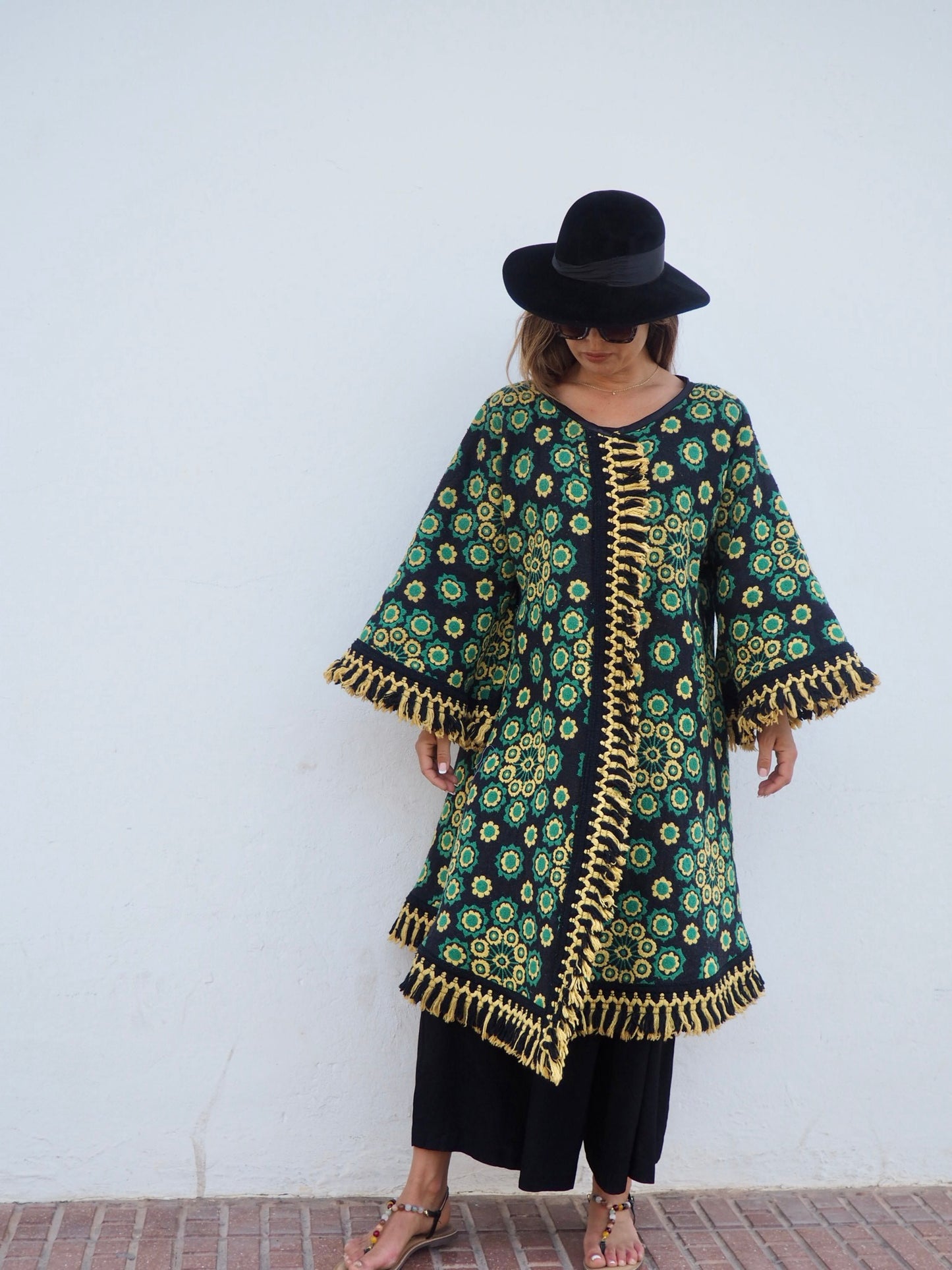 Stunning vintage 1970’s black and green tapestry jacket cut on the bias with bell sleeves made by Vagabond Ibiza