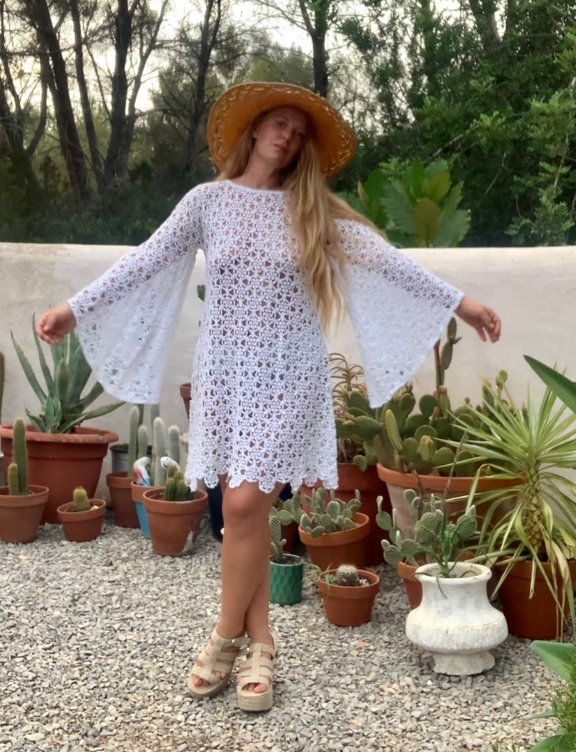 Very cool vintage white crochet oversized bell sleeve dress up-cycled by Vagabond Ibiza