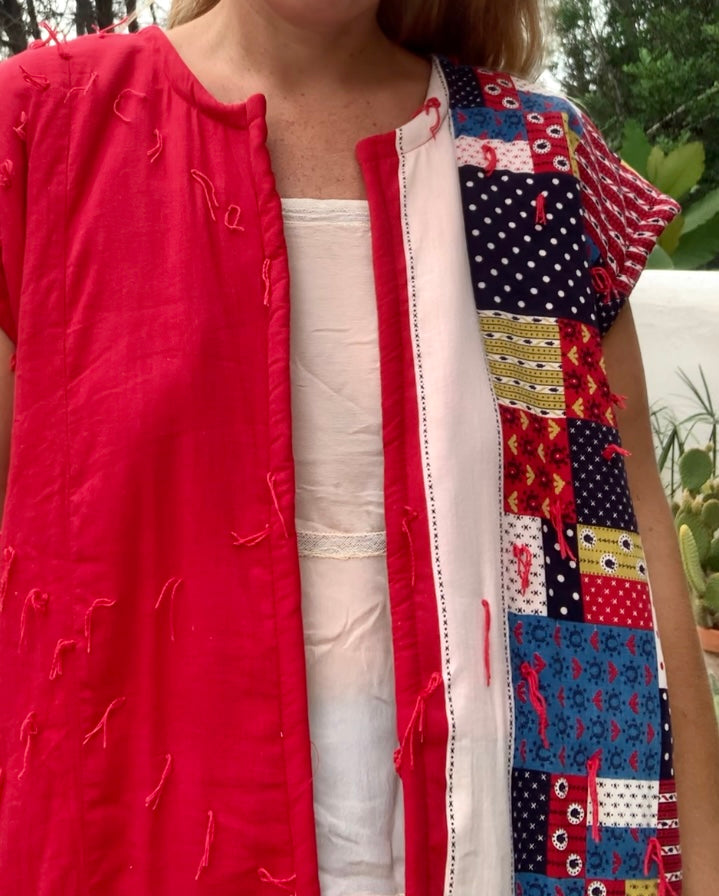 Patchwork cotton quilted blanket waistcoat jacket up-cycled by Vagabond Ibiza with red and blue design