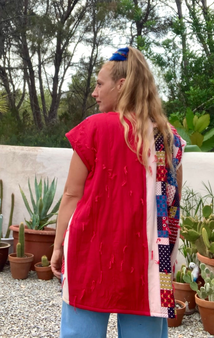 Patchwork cotton quilted blanket waistcoat jacket up-cycled by Vagabond Ibiza with red and blue design