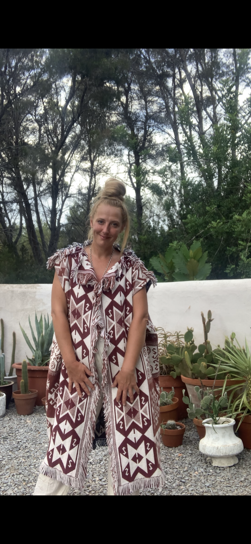 White and brown cotton long Aztec design blanket waistcoat/jackets up-cycled by Vagabond Ibiza.