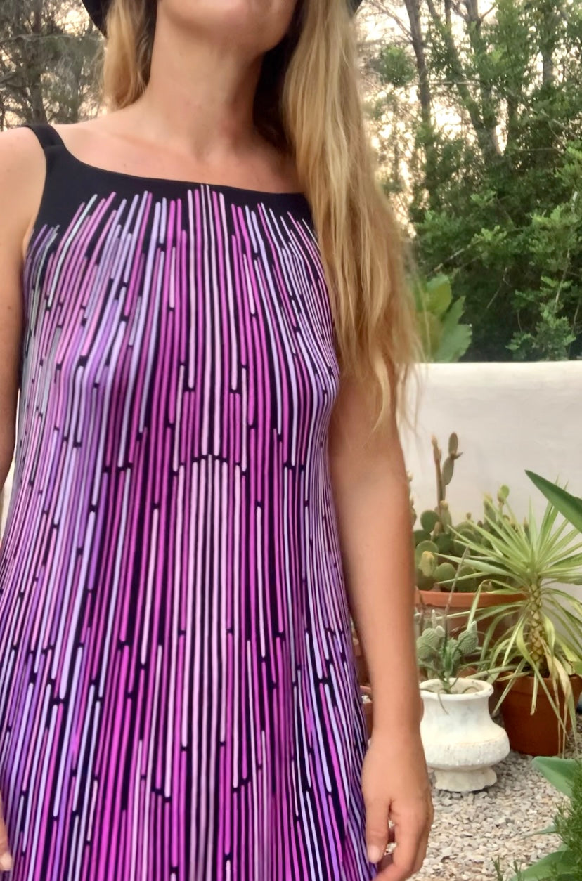 Original vintage 1970’s black and purple striped geometric design maxi dress