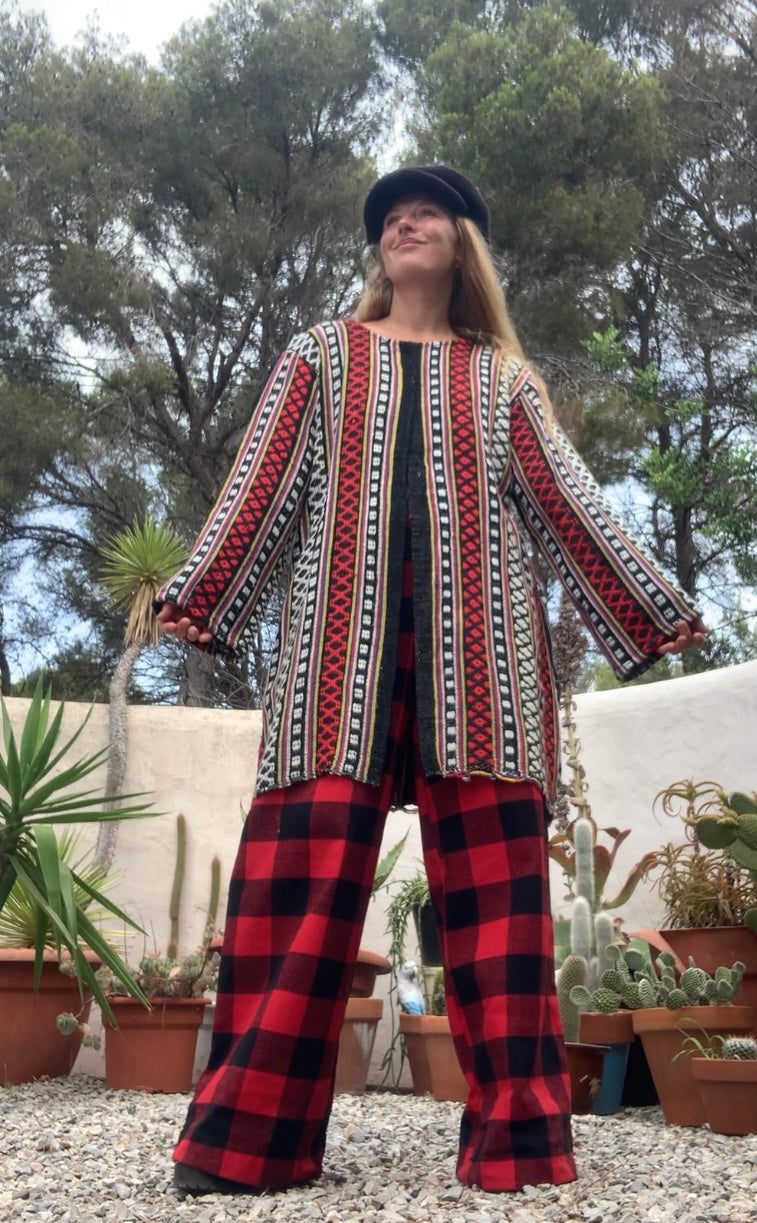 Hand woven Moroccan up-cycled blanket jacket made by Vagabond Ibiza with black white and red striped design