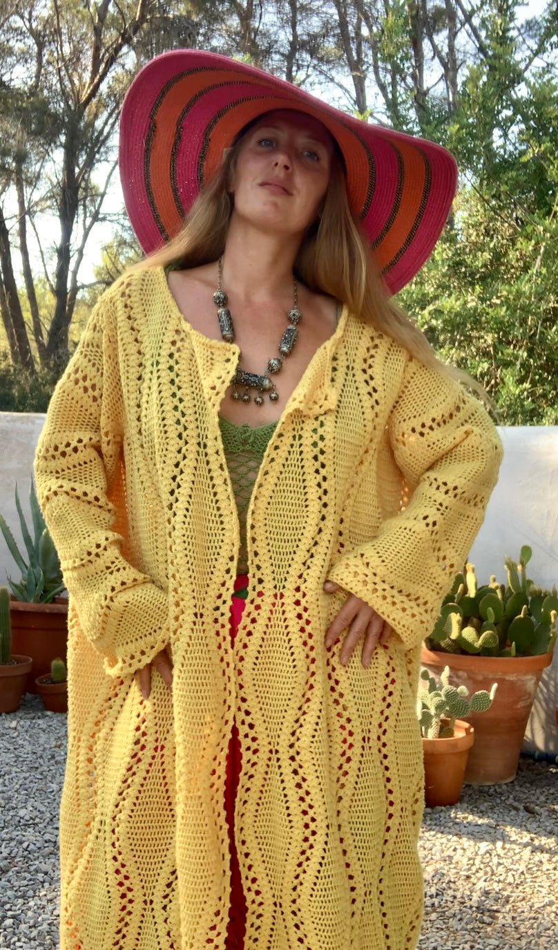 Vintage bright yellow handmade crochet blanket jacket up-cycled by Vagabond Ibiza.