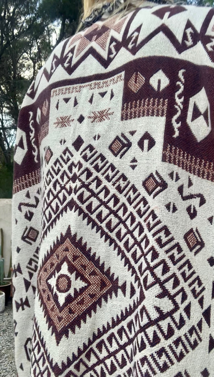 White and brown cotton long Aztec design blanket waistcoat/jackets up-cycled by Vagabond Ibiza.