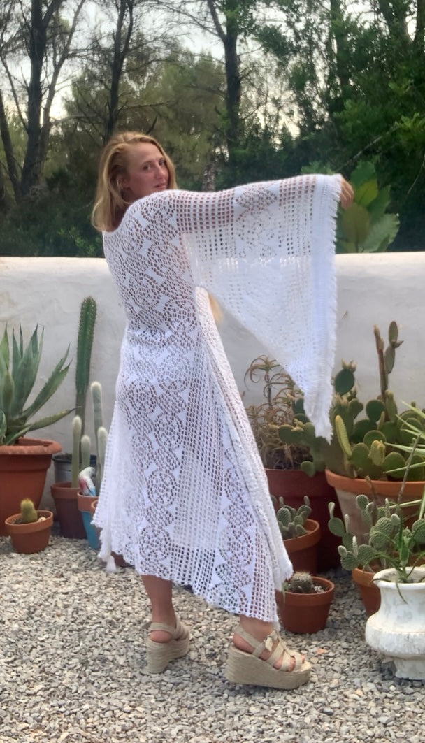 vintage white crochet long maxi dress with wide bell sleeves up-cycled by Vagabond Ibiza