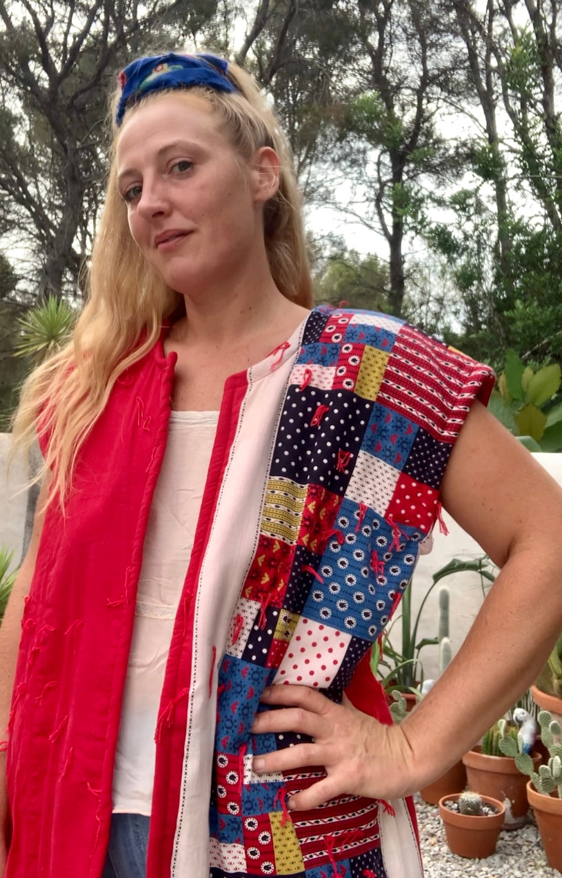 Patchwork cotton quilted blanket waistcoat jacket up-cycled by Vagabond Ibiza with red and blue design