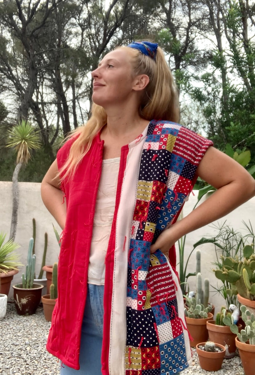 Patchwork cotton quilted blanket waistcoat jacket up-cycled by Vagabond Ibiza with red and blue design