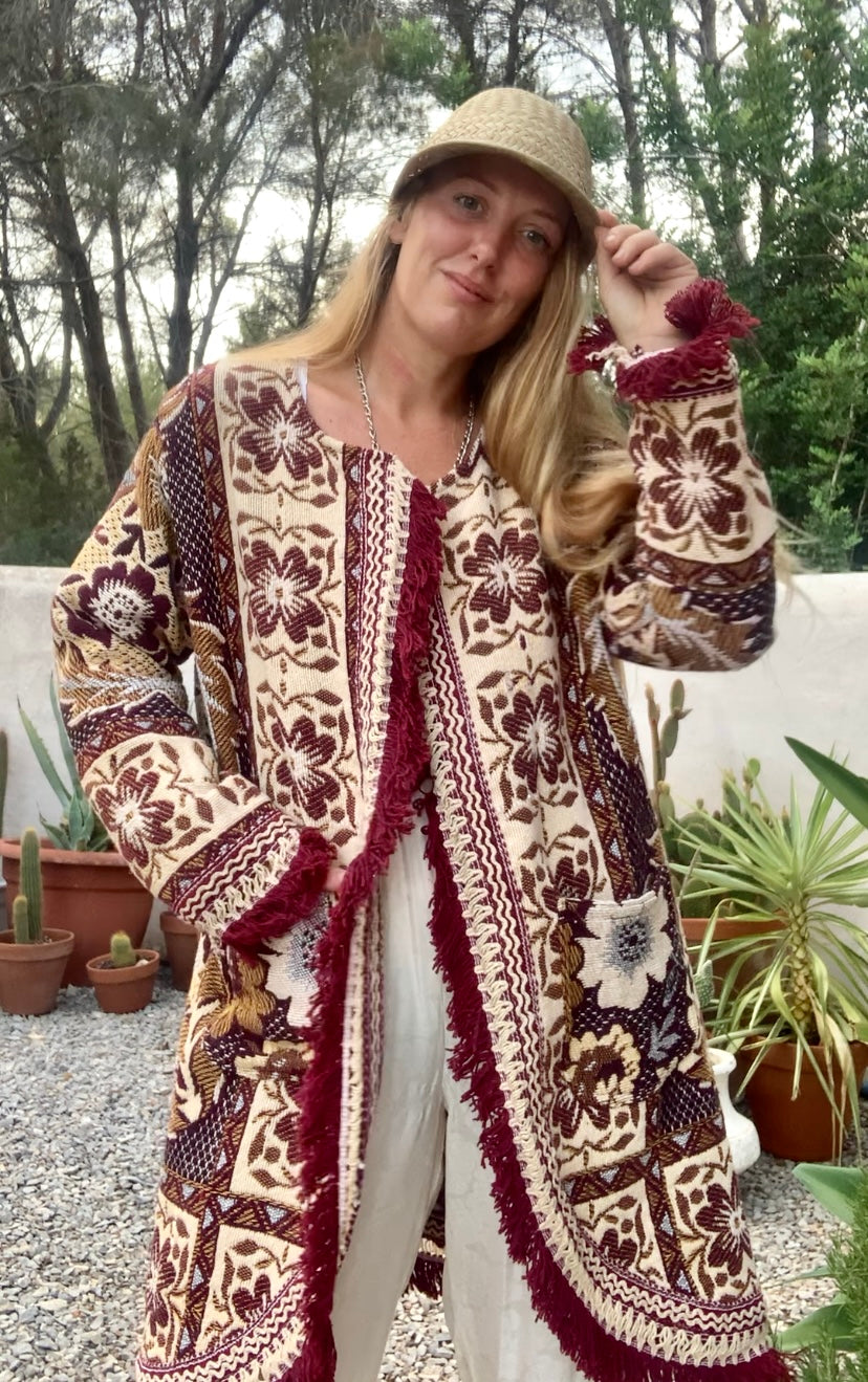 Up-cycled vintage blanket jackets by Vagabond Ibiza with a brown and cream woven outside textiles lined with patterns fleece