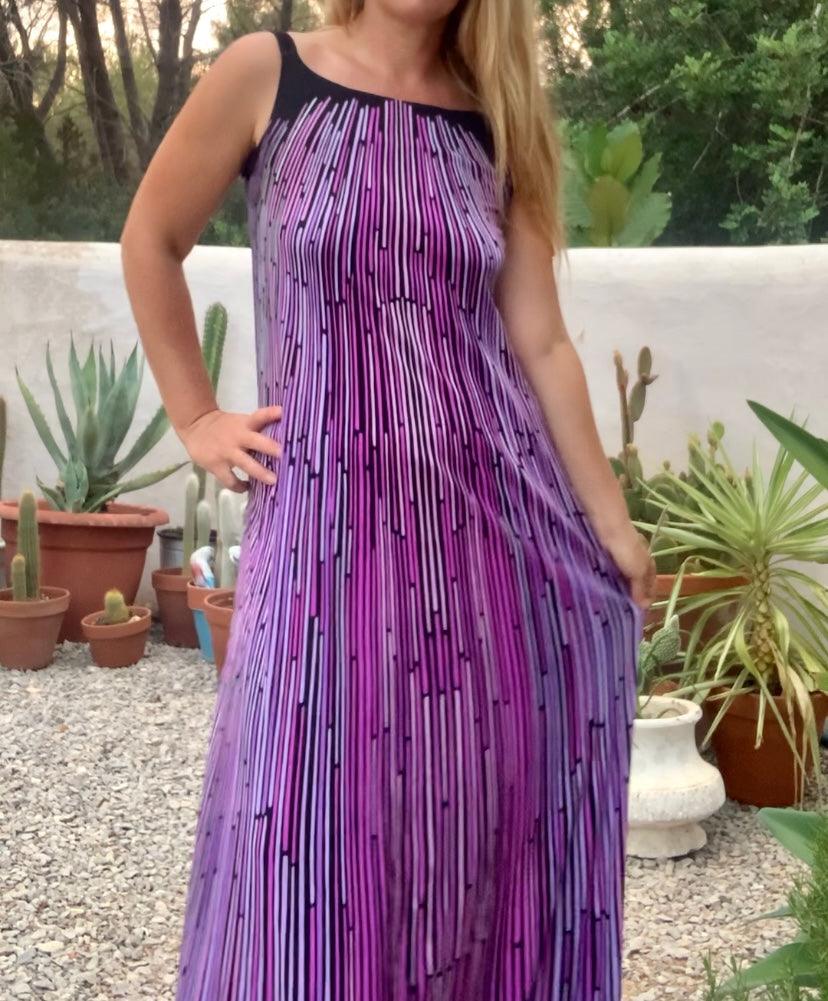 Original vintage 1970’s black and purple striped geometric design maxi dress