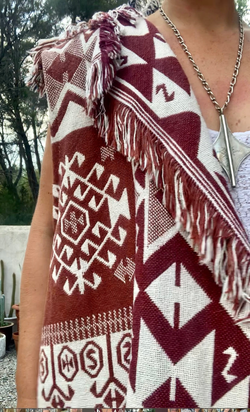 White and brown cotton long Aztec design blanket waistcoat/jackets up-cycled by Vagabond Ibiza.