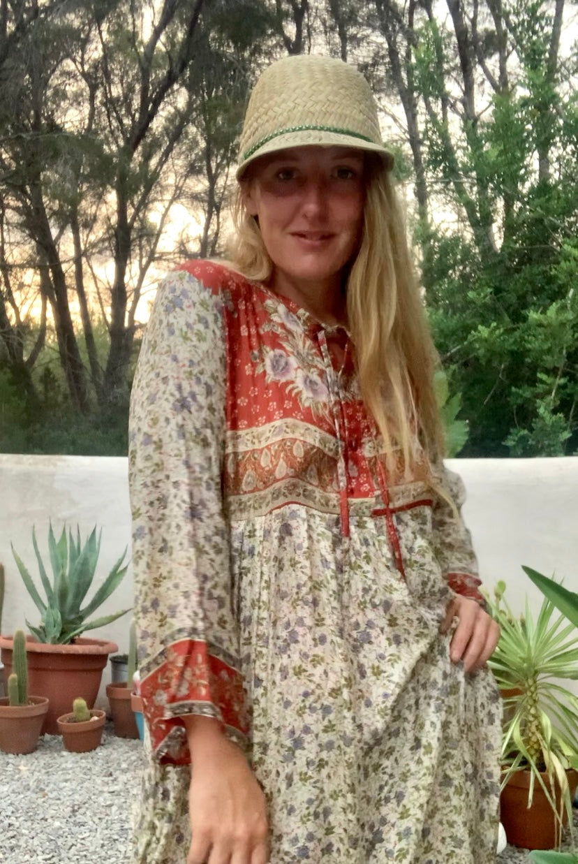 Vintage Indian sari dress cream with blue and orange floral print up-cycled by Vagabond Ibiza