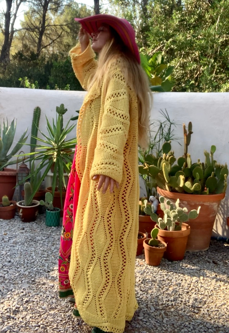 Vintage bright yellow handmade crochet blanket jacket up-cycled by Vagabond Ibiza.