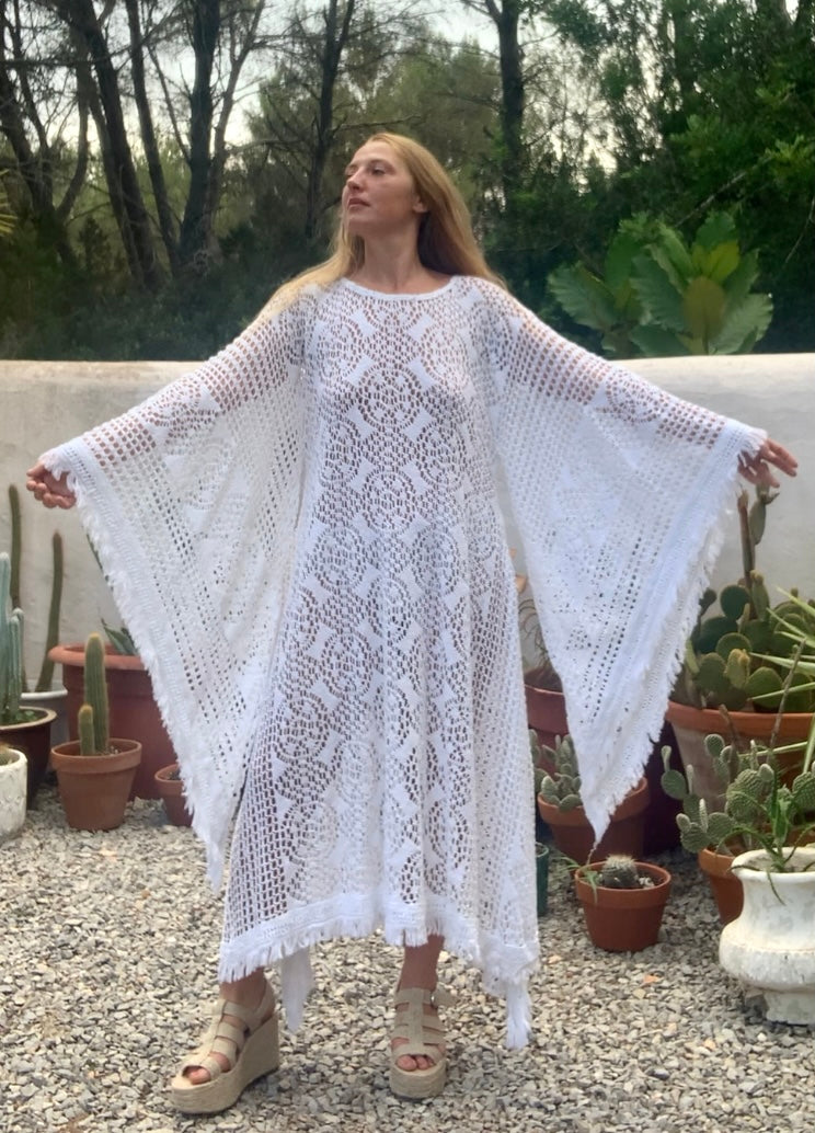 vintage white crochet long maxi dress with wide bell sleeves up-cycled by Vagabond Ibiza