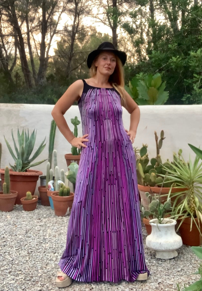 Original vintage 1970’s black and purple striped geometric design maxi dress