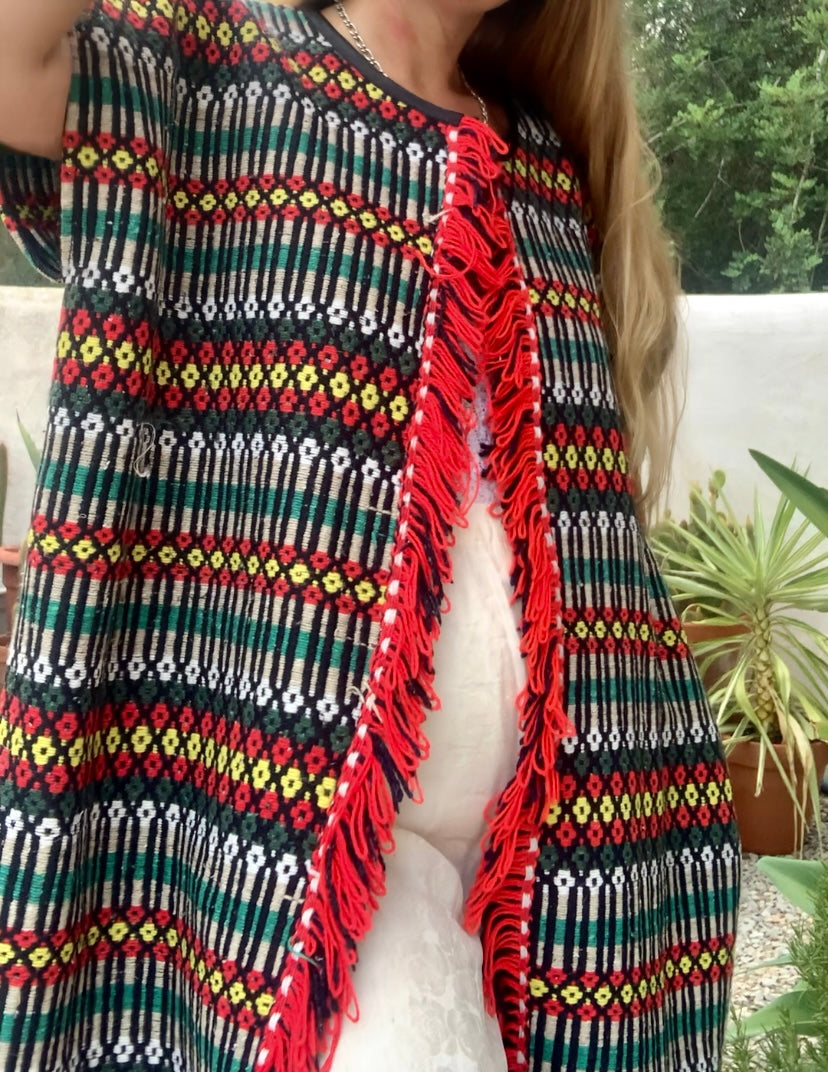 Up-cycled hand woven Morrocan textile waistcoat jacket by Vagabond Ibiza with red and black geometric design