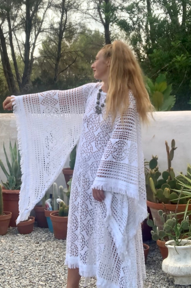 vintage white crochet long maxi dress with wide bell sleeves up-cycled by Vagabond Ibiza