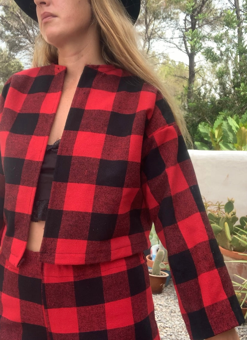 Red and black checked jacket made by Vagabond Ibiza from dead stock vintage textiles