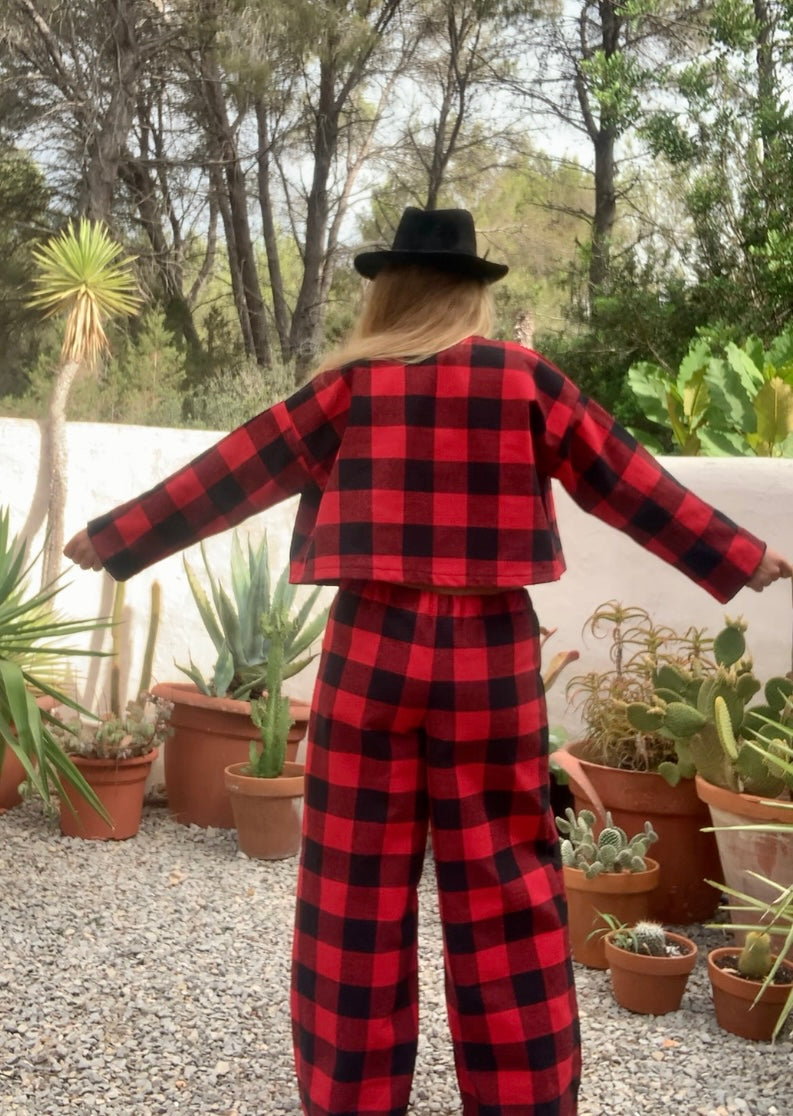 Red and black checked jacket made by Vagabond Ibiza from dead stock vintage textiles