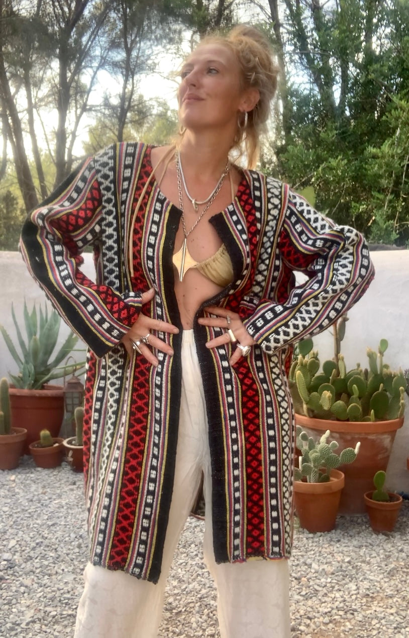 Hand woven Moroccan up-cycled blanket jacket made by Vagabond Ibiza with black white and red striped design