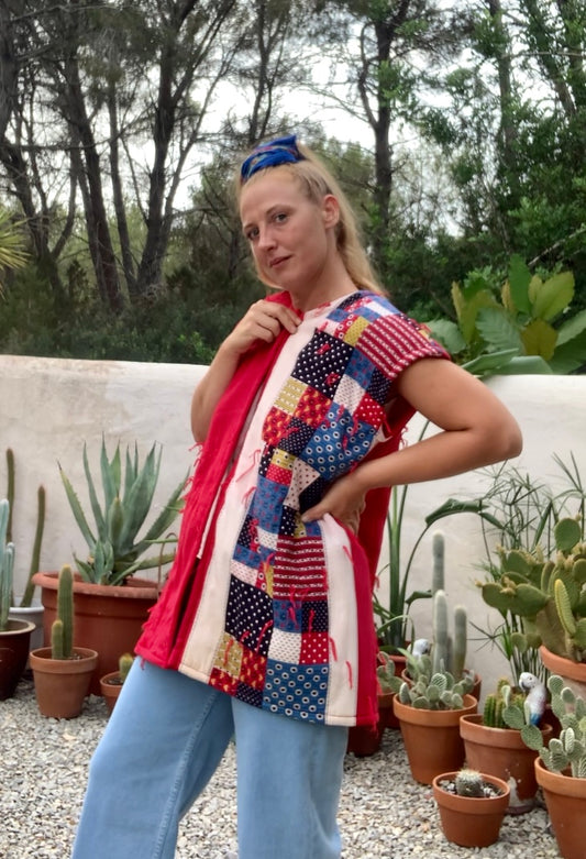 Patchwork cotton quilted blanket waistcoat jacket up-cycled by Vagabond Ibiza with red and blue design