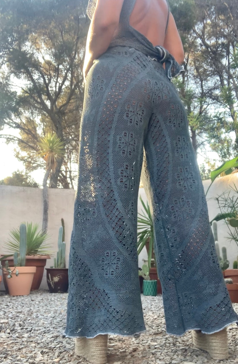 Vintage crochet textiles in gray up-cycled 2 piece set wide leg pants with elastic waists and low cut crop top with tie back