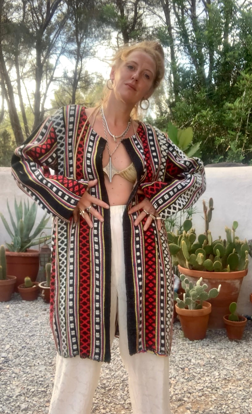 Hand woven Moroccan up-cycled blanket jacket made by Vagabond Ibiza with black white and red striped design