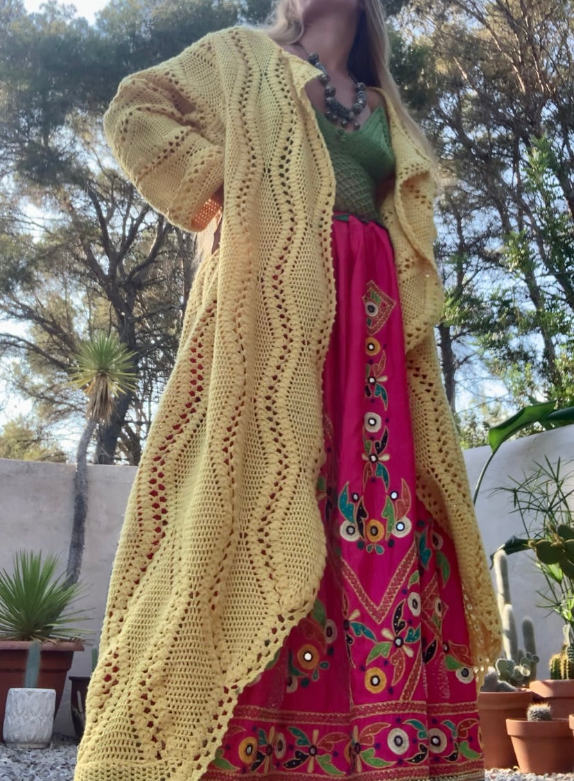 Vintage bright yellow handmade crochet blanket jacket up-cycled by Vagabond Ibiza.