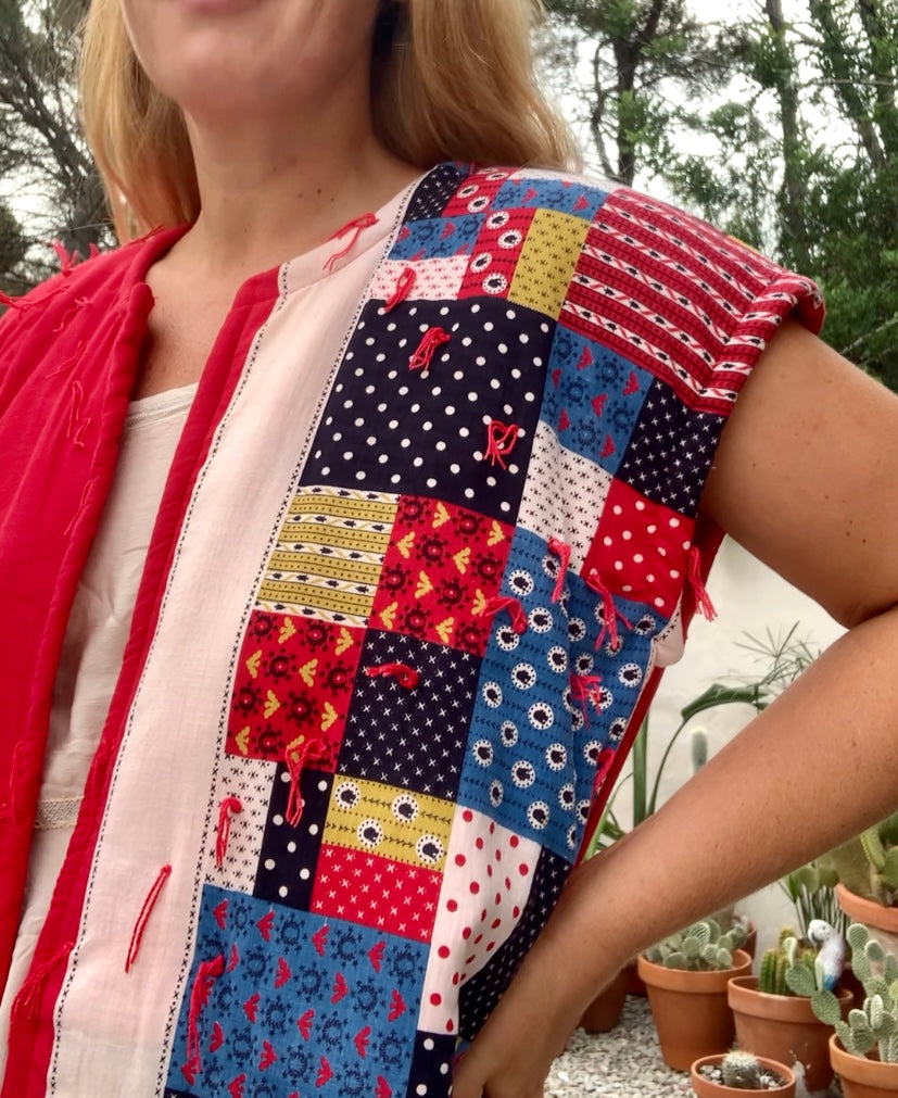 Patchwork cotton quilted blanket waistcoat jacket up-cycled by Vagabond Ibiza with red and blue design