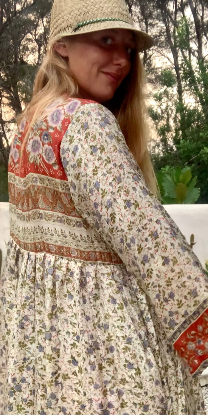 Vintage Indian sari dress cream with blue and orange floral print up-cycled by Vagabond Ibiza