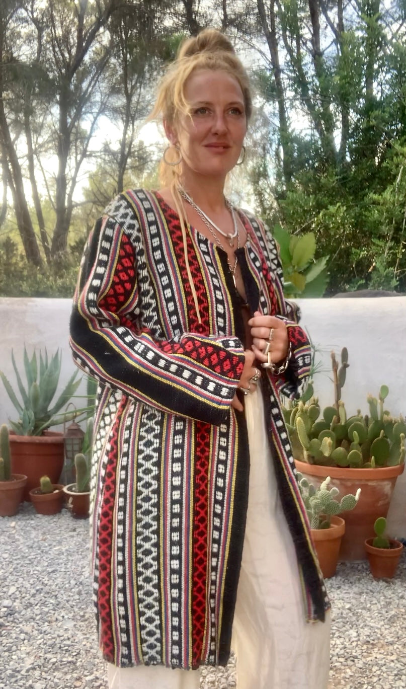Hand woven Moroccan up-cycled blanket jacket made by Vagabond Ibiza with black white and red striped design