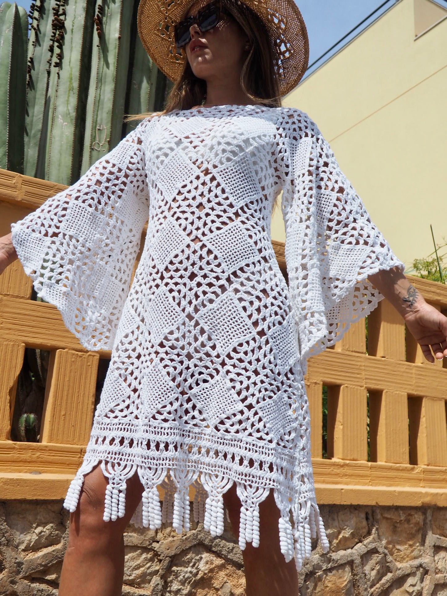 Vintage white crochet textiles up-cycled bell sleeve short dress made by Vagabond Ibiza