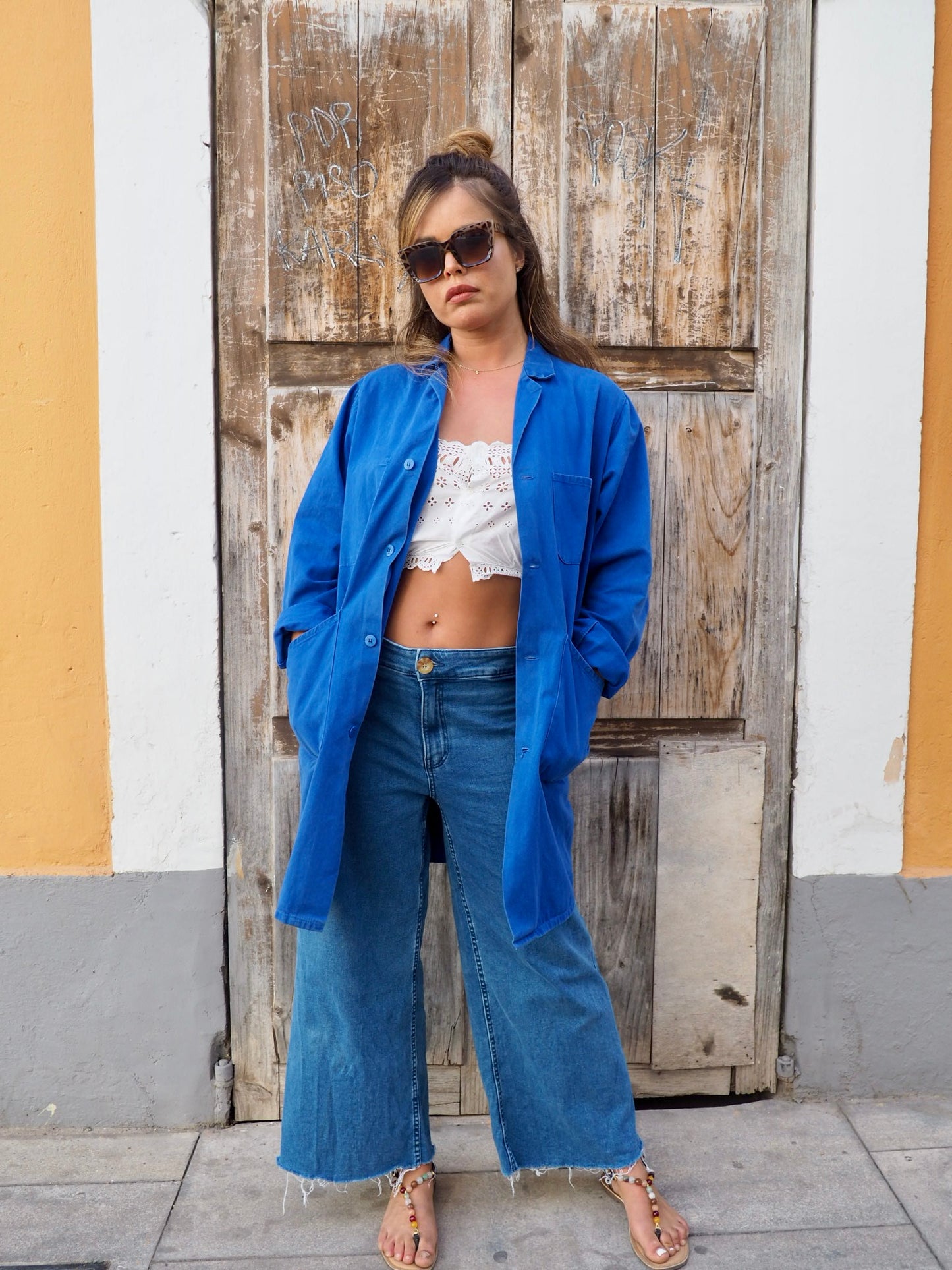 Vintage French blue cotton long workwear jacket with pockets