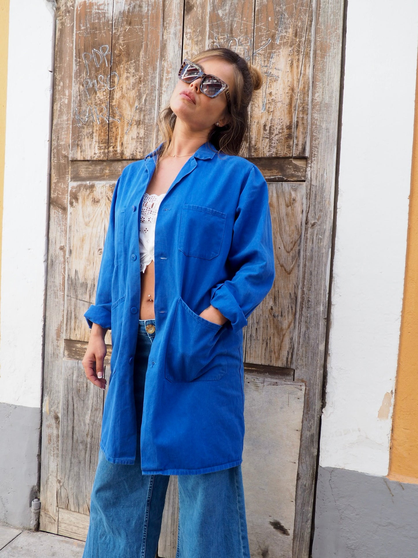 Vintage French blue cotton long workwear jacket with pockets