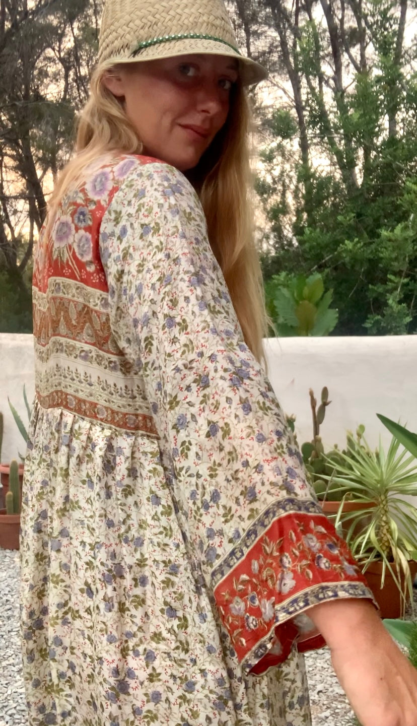 Vintage Indian sari dress cream with blue and orange floral print up-cycled by Vagabond Ibiza