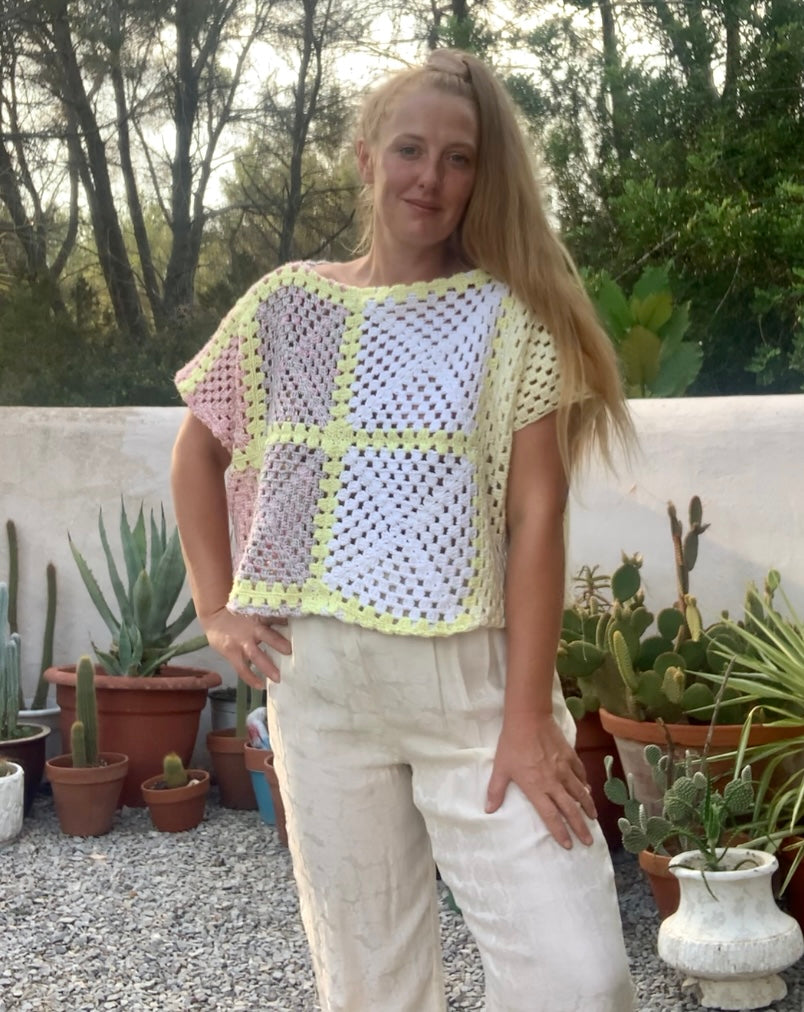 Vintage chunky pastel crochet jumper top up-cycled by Vagabond Ibiza