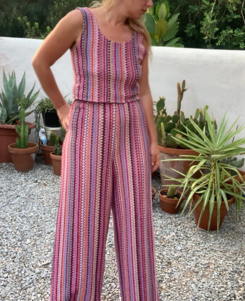 Up-cycled vintage machine knitted 2 piece set wide leg pants and top set made by Vagabond Ibiza