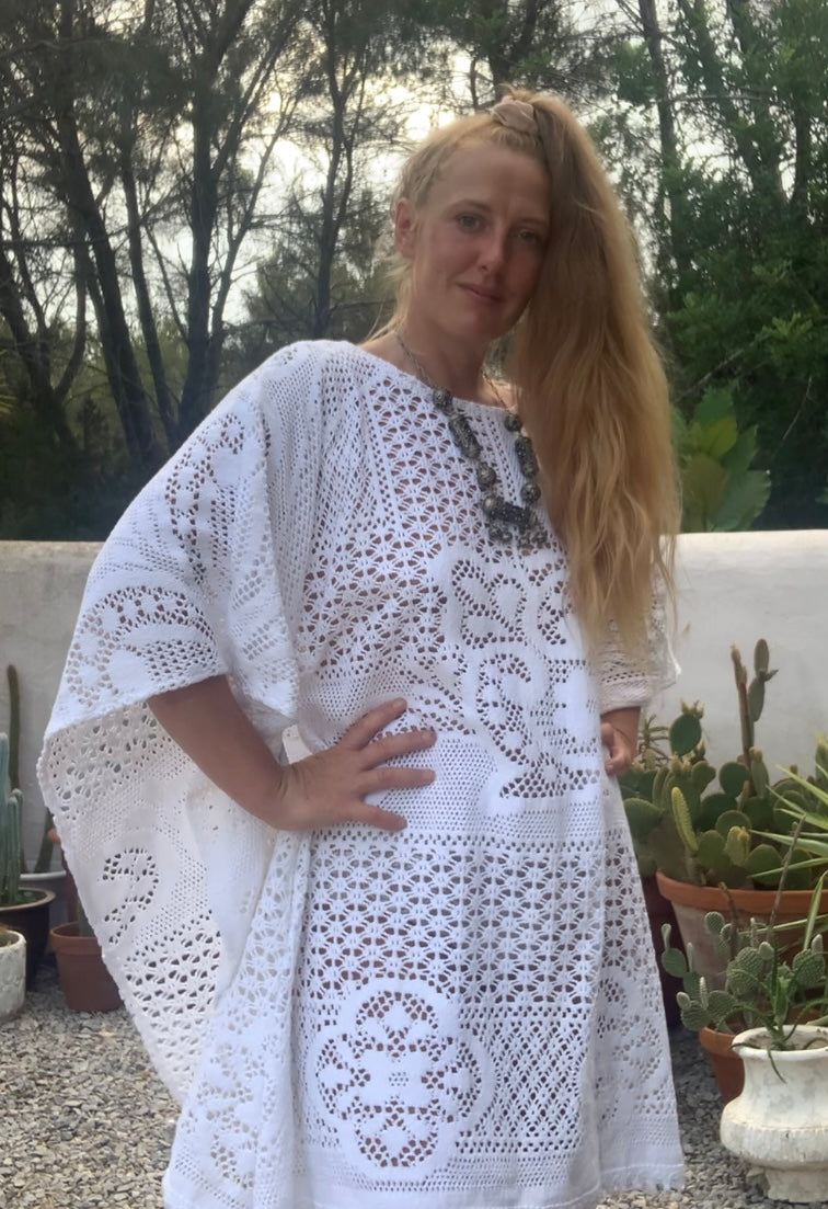 Vintage white handmade crochet lace short bell sleeve dress up-cycled by Vagabond Ibiza