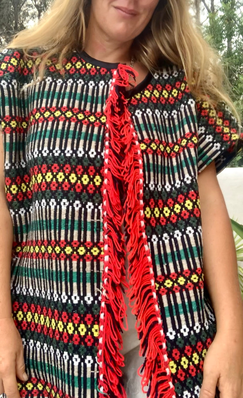 Up-cycled hand woven Morrocan textile waistcoat jacket by Vagabond Ibiza with red and black geometric design