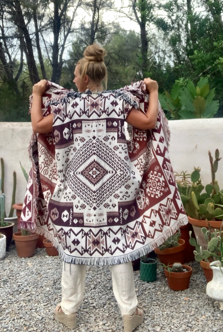 White and brown cotton long Aztec design blanket waistcoat/jackets up-cycled by Vagabond Ibiza.