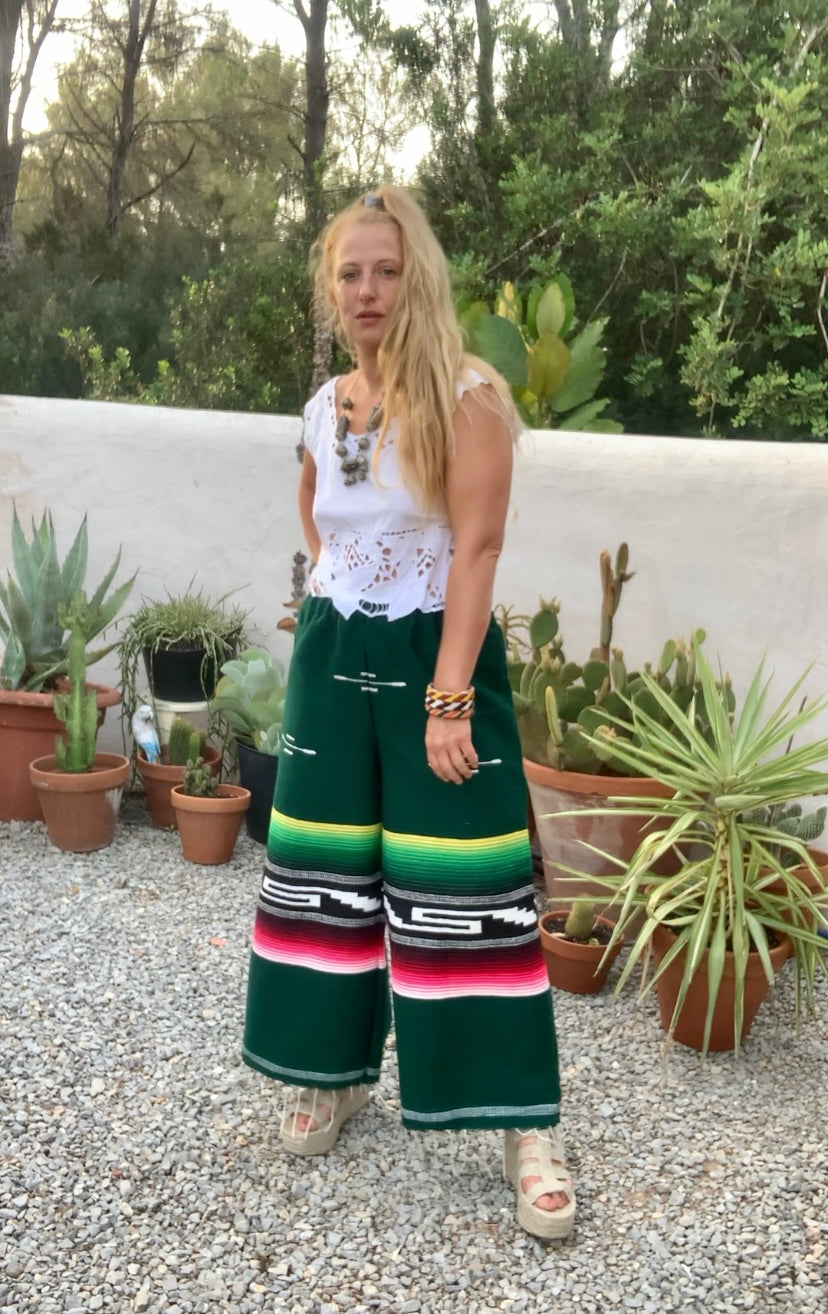 Vintage Mexican textiles up-cycled wide leg pants in green with pink tones made by Vagabond Ibiza