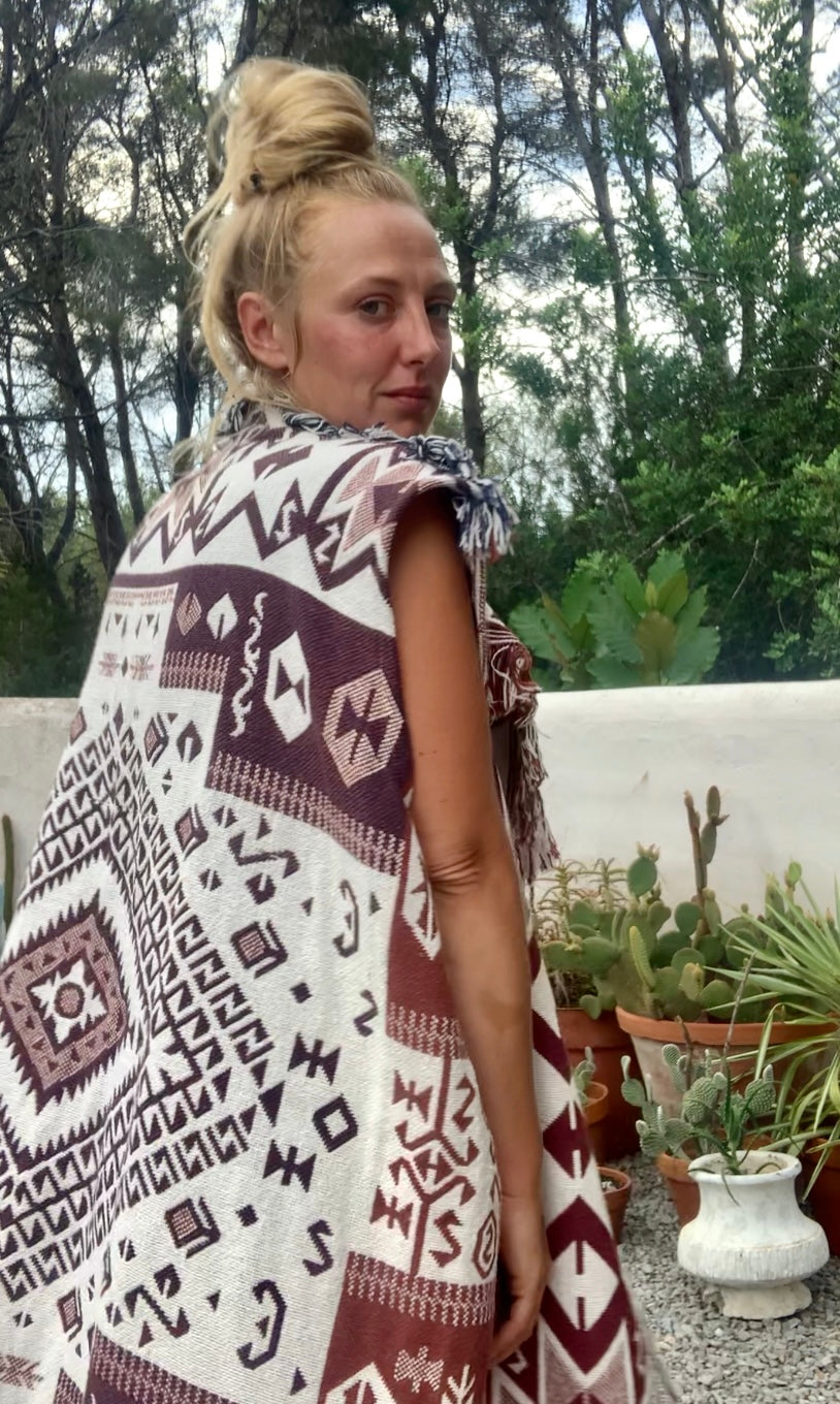 White and brown cotton long Aztec design blanket waistcoat/jackets up-cycled by Vagabond Ibiza.