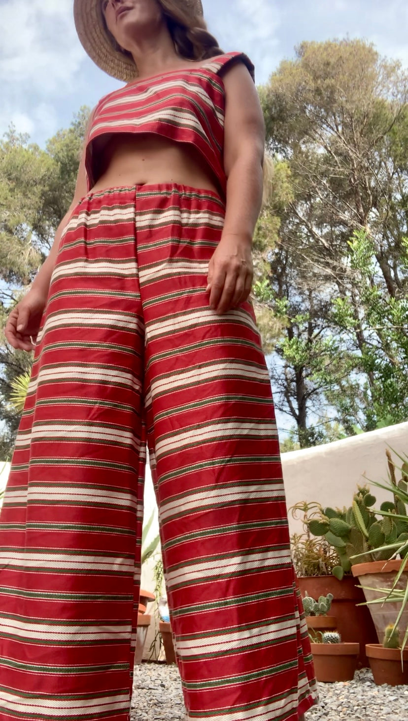 Vintage 1970’s curtain fabric with red and white striped design up-cycled 2 piece set crop top and wide leg trousers