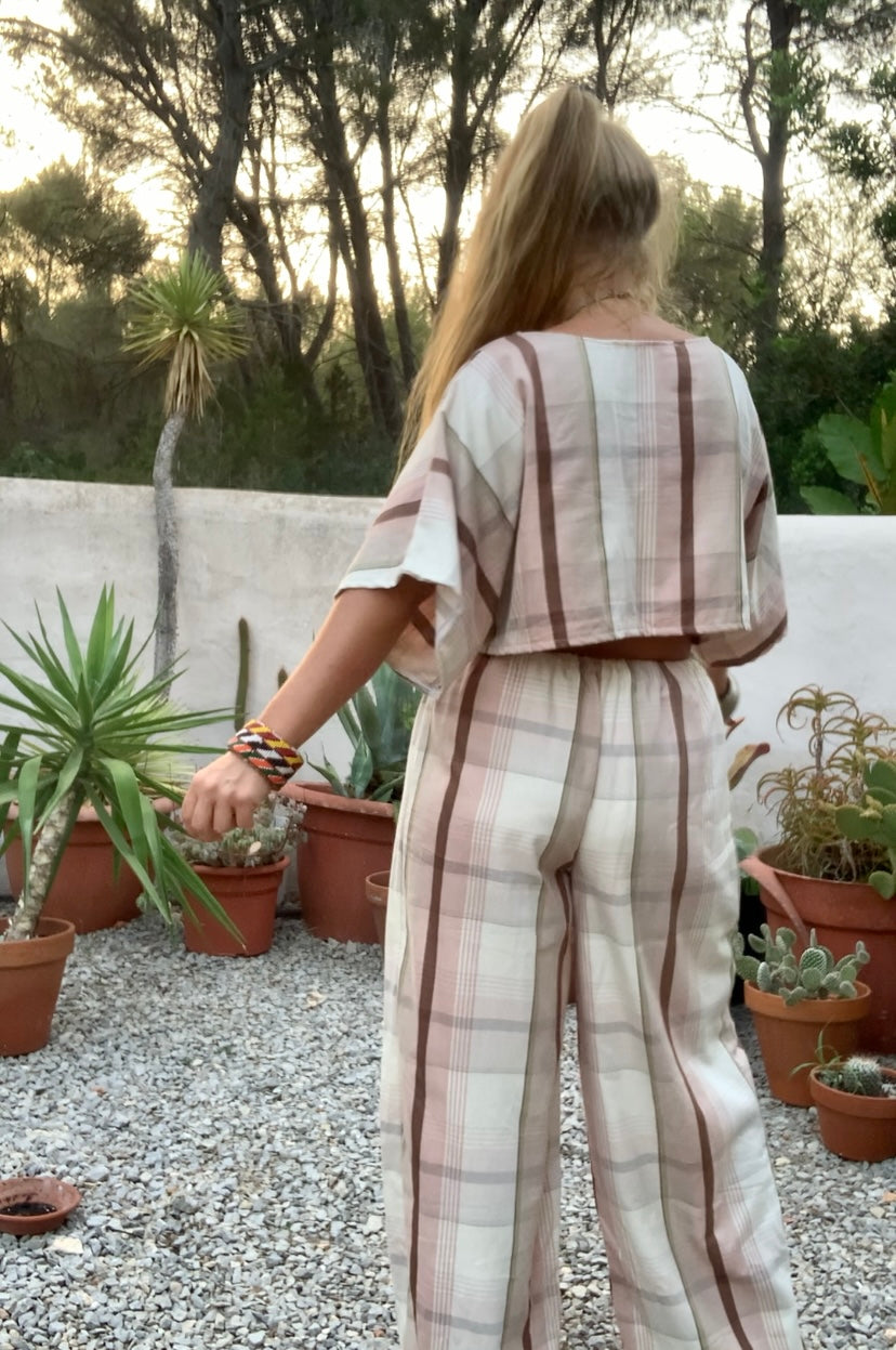 Vintage cotton pink and cream curtain fabric upcycled 2 piece set top and wide leg pants