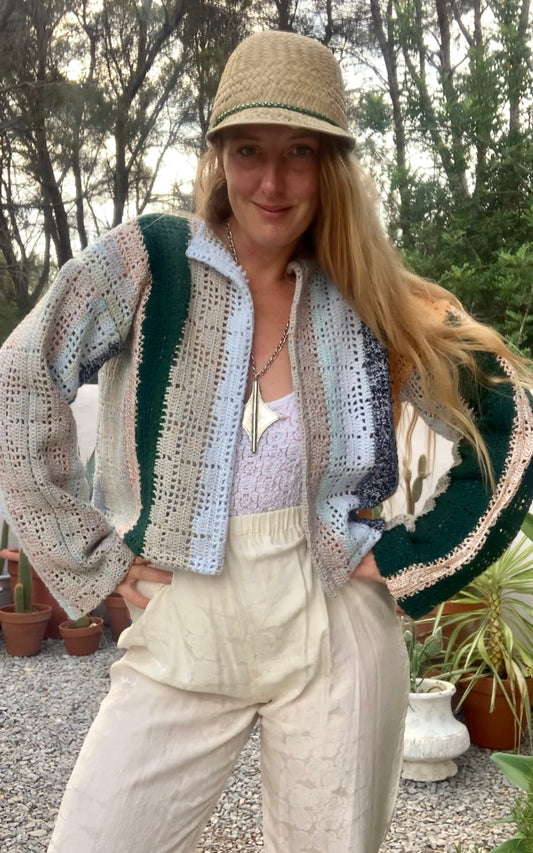 Up-cycled vintage crochet cropped jacket made by Vagabond Ibiza with pastel tones.